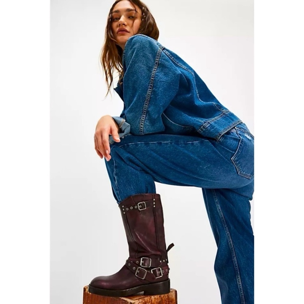 New Free People Janey Engineer Moto Boots Wine Frisco 7 - Picture 2 of 7